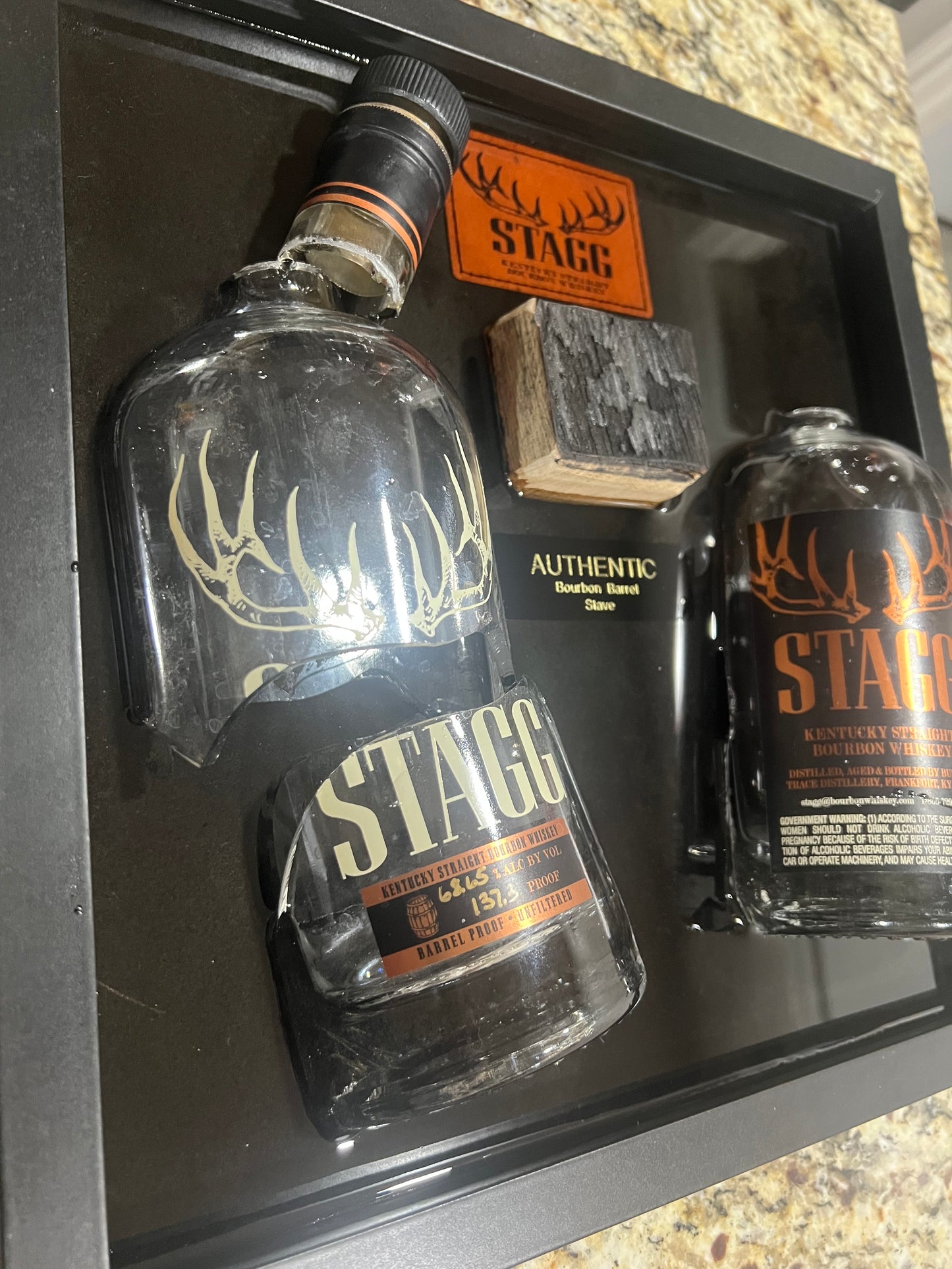 Stagg Bourbon 12” x 12” Broke Bottle Art Epoxy Shadow Box w/Bourbon Barrel Stave