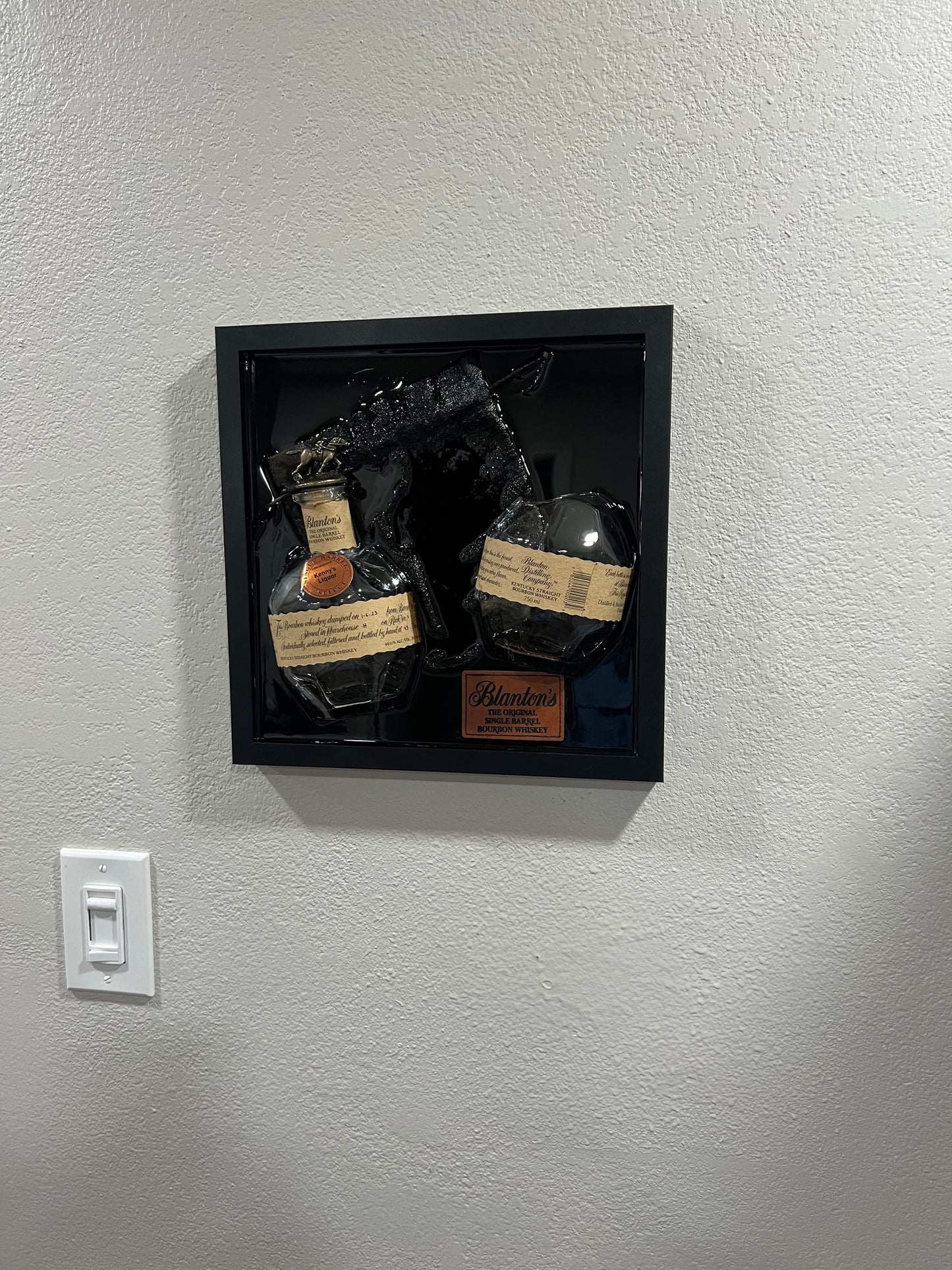 Blanton’s Bourbon “Store Pick” 12” x 12” Broke Bottle Art Epoxy Shadow Box w/Bourbon Barrel Stave