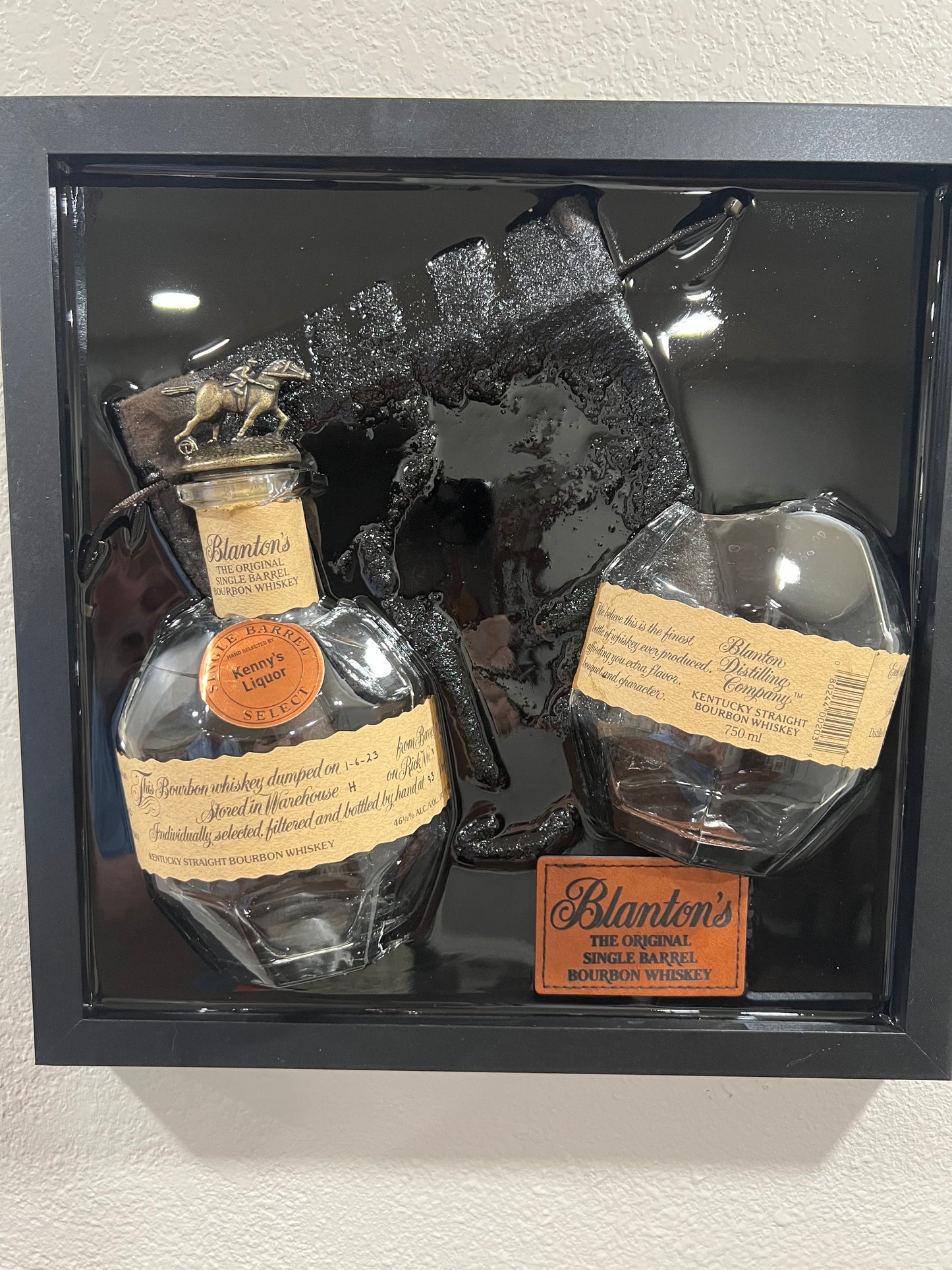 Blanton’s Bourbon “Store Pick” 12” x 12” Broke Bottle Art Epoxy Shadow Box w/Bourbon Barrel Stave