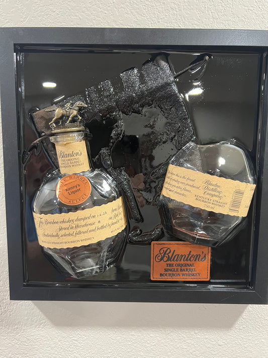 Blanton’s Bourbon “Store Pick” 12” x 12” Broke Bottle Art Epoxy Shadow Box w/Bourbon Barrel Stave