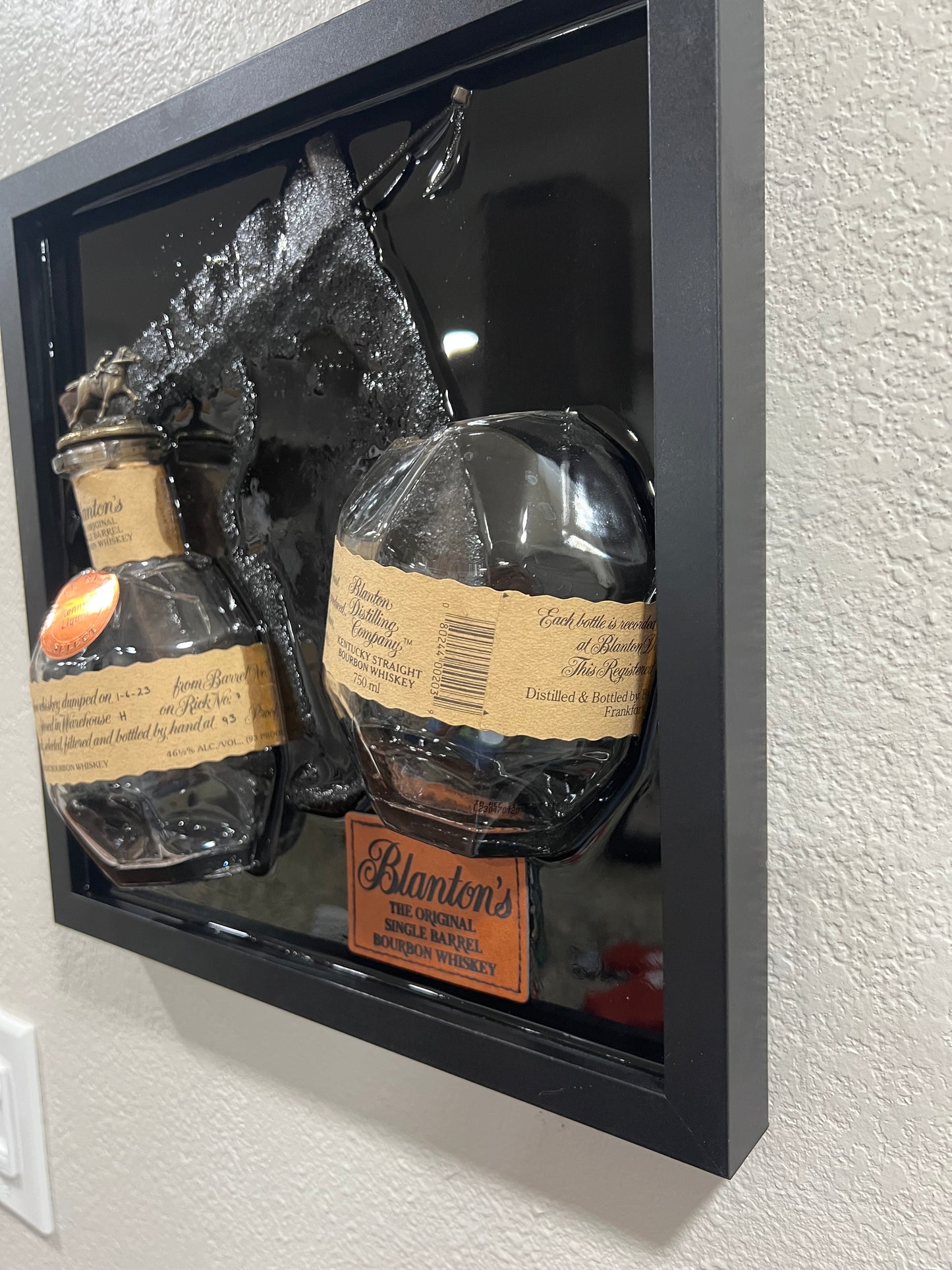 Blanton’s Bourbon “Store Pick” 12” x 12” Broke Bottle Art Epoxy Shadow Box w/Bourbon Barrel Stave