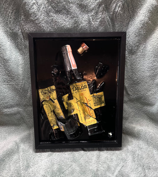 EH Taylor Single Barrel Bottle in Bond Bourbon 12” x 14” Broke Bottle Art Epoxy Shadow Box
