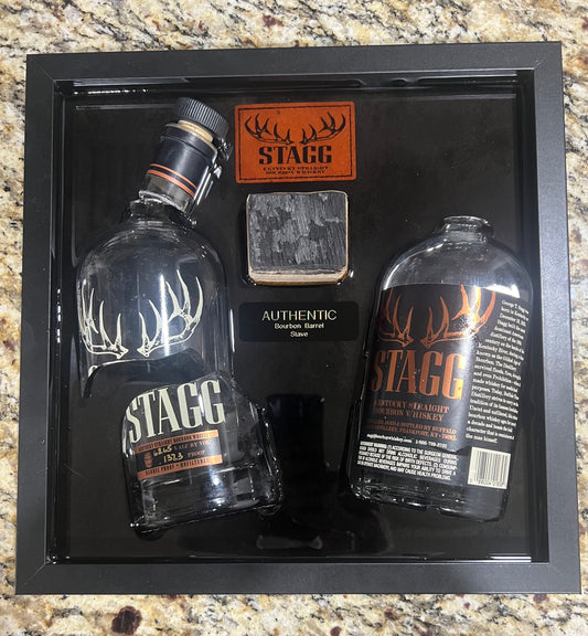 Stagg Bourbon 12” x 12” Broke Bottle Art Epoxy Shadow Box w/Bourbon Barrel Stave