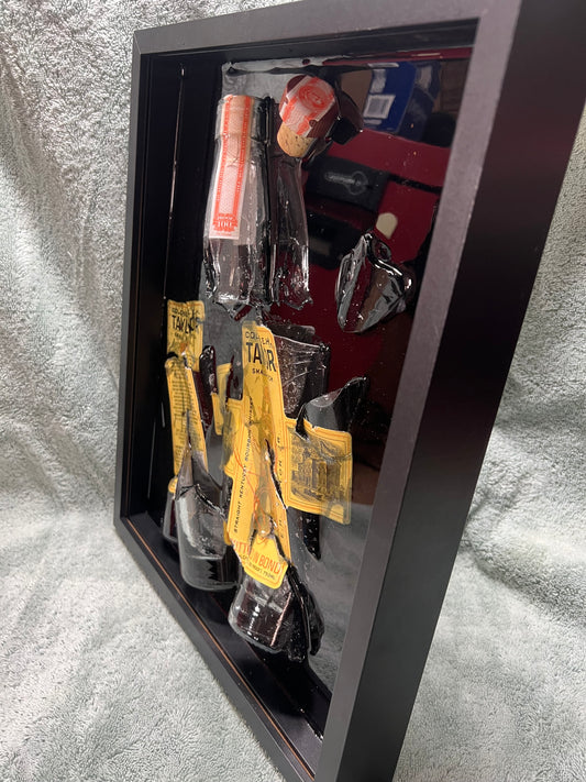 EH Taylor Single Barrel Bottle in Bond Bourbon 12” x 14” Broke Bottle Art Epoxy Shadow Box
