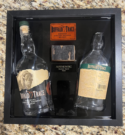 Buffalo Trace Bourbon 12” x 12” Broke Bottle Art Epoxy Shadow Box w/Bourbon Barrel Stave