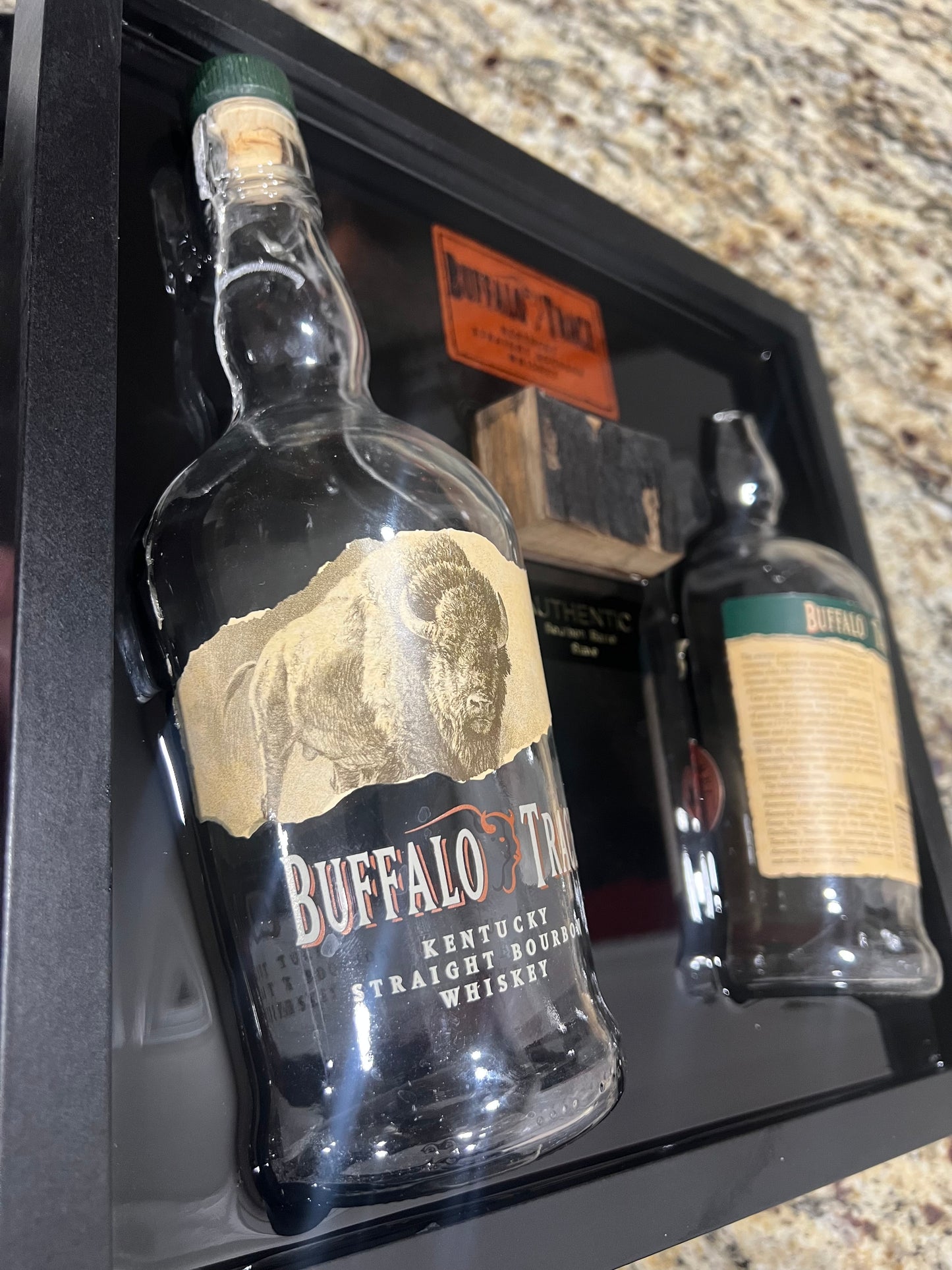 Buffalo Trace Bourbon 12” x 12” Broke Bottle Art Epoxy Shadow Box w/Bourbon Barrel Stave