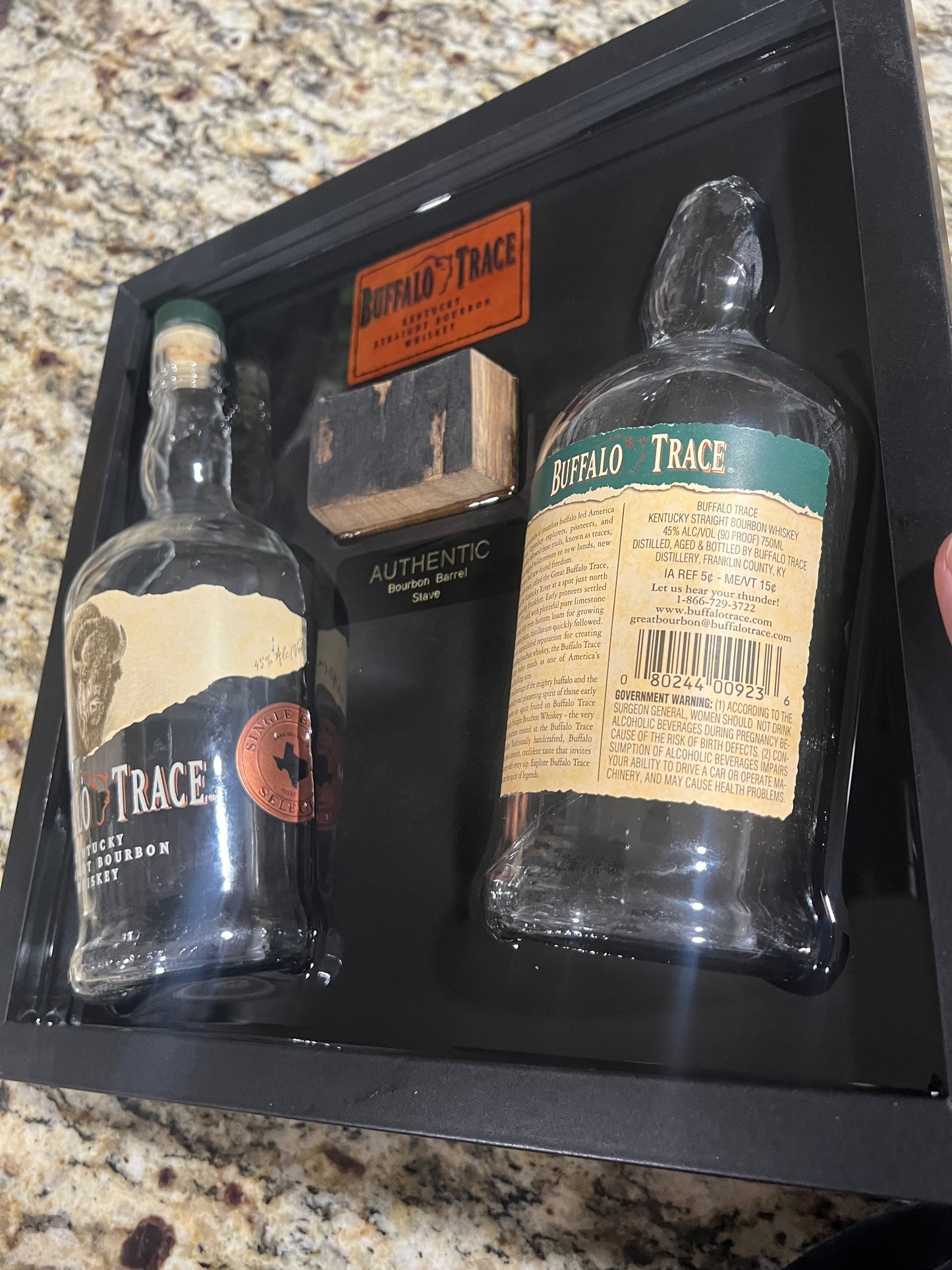 Buffalo Trace Bourbon 12” x 12” Broke Bottle Art Epoxy Shadow Box w/Bourbon Barrel Stave
